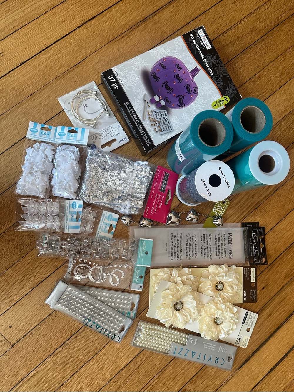 Assorted Craft Supply Lot - Teal Ribbon & Cream Flower Accents